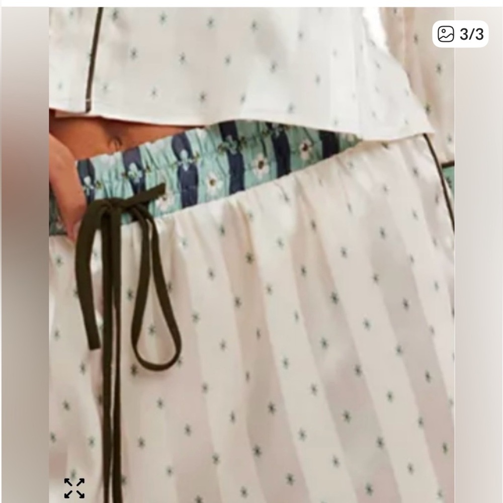 Free People Cream Satin Short Pajama Set with Blue-Green Printed Trim - Picture 3 of 3